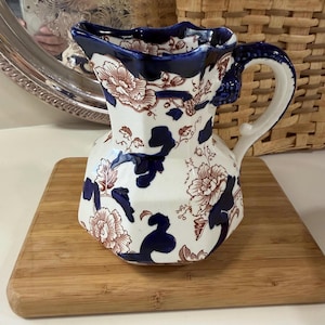 Antique Mason's Ironstone Pitcher | Mandalay Pattern Flow Blue Transferware Vase