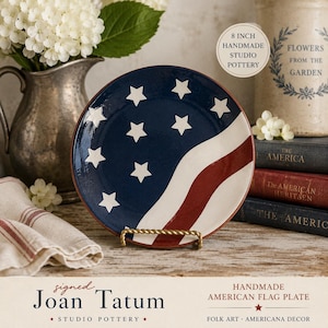 Signed Joan Tatum Studio Pottery American Flag Plate | Redware Folk Art Americana Decor