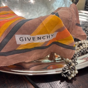 Vintage Givenchy Striped Linen Scarf – Orange, Brown & Yellow Geometric – Designer Handkerchief / Small Table Top Cover
