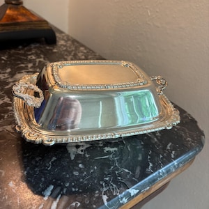 Vintage Silver on Copper Covered Serving Dish with Handles – Ornate Baroque Silver Plated Buffet Server