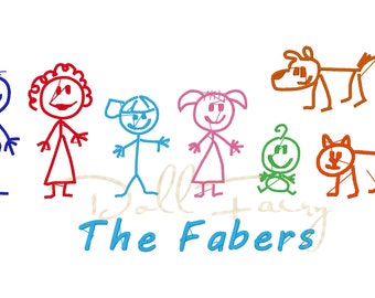 Stick Man Figure Family Mother Father Girl Boy Baby Teen Dog Cat  Machine Embroidery Pattern Design File