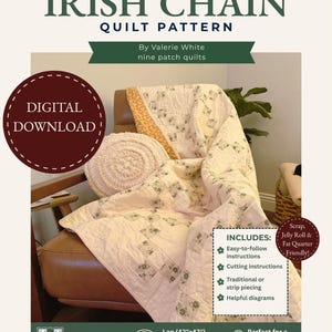 Patron PDF de courtepointe Irish Chain - Compatible avec les chutes de tissu, les rouleaux de tissu et les coupons de tissu.