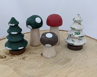 Woodland trees and mushrooms - winter set #2 - wood toys, Montessori toys, Waldorf toys, open ended toys, fairy garden