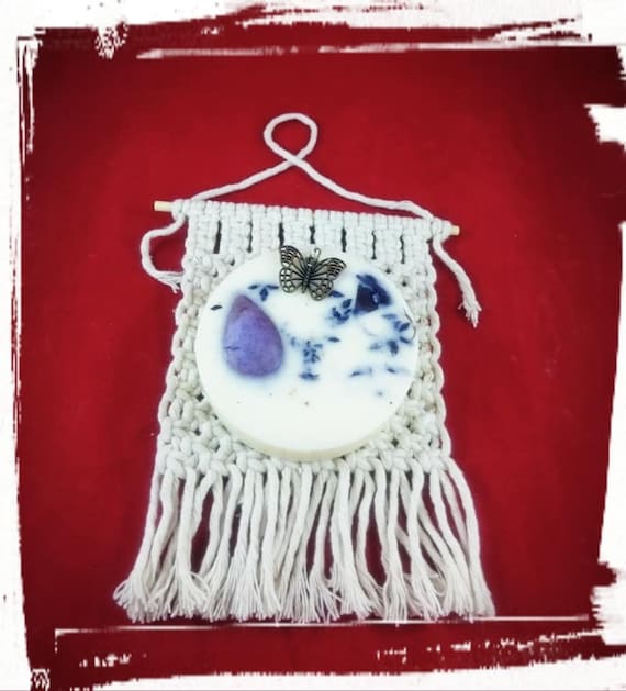 100% Australian Hand Made  Round Soy Wax Space Freshener and Hand made Macrame Holder.