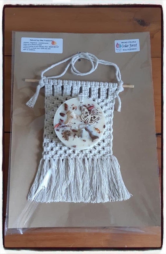 100% Australian Hand Made  Round Soy Wax Space Freshener and Hand made Macrame Holder.