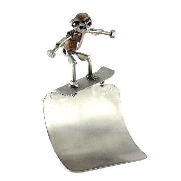 Nuts and bolts sculpture "Skateboarder In A Half-Pipe" - Handmade ornament figurine