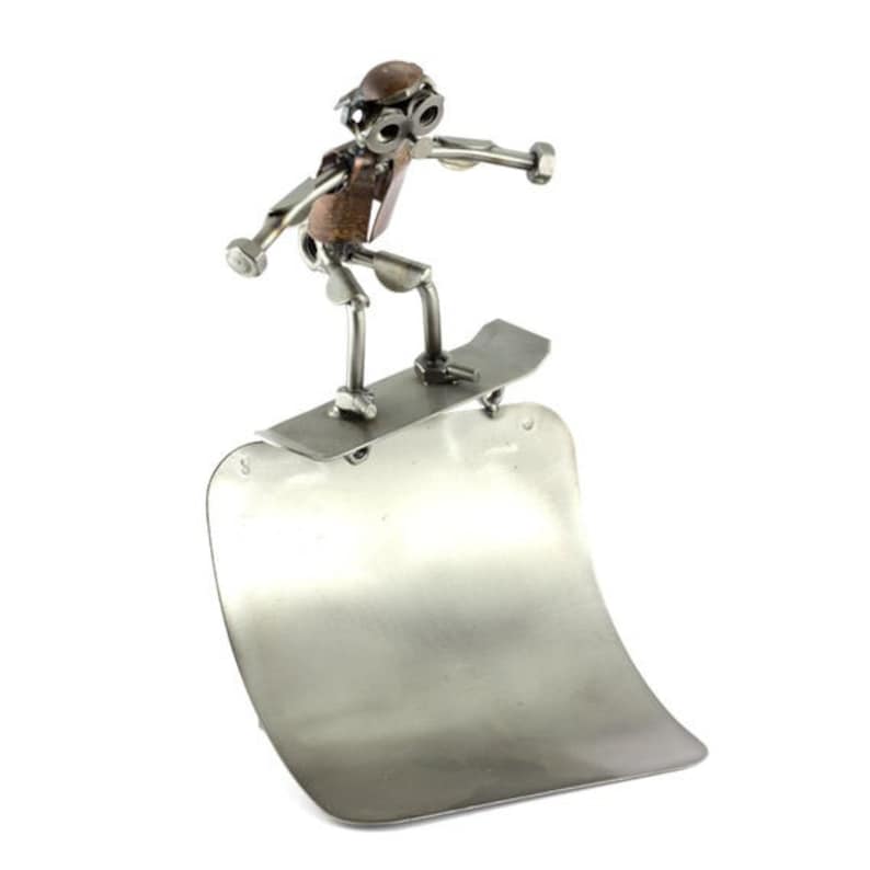 Nuts and bolts sculpture Skateboarder In A Half-Pipe Handmade ornament figurine image 1