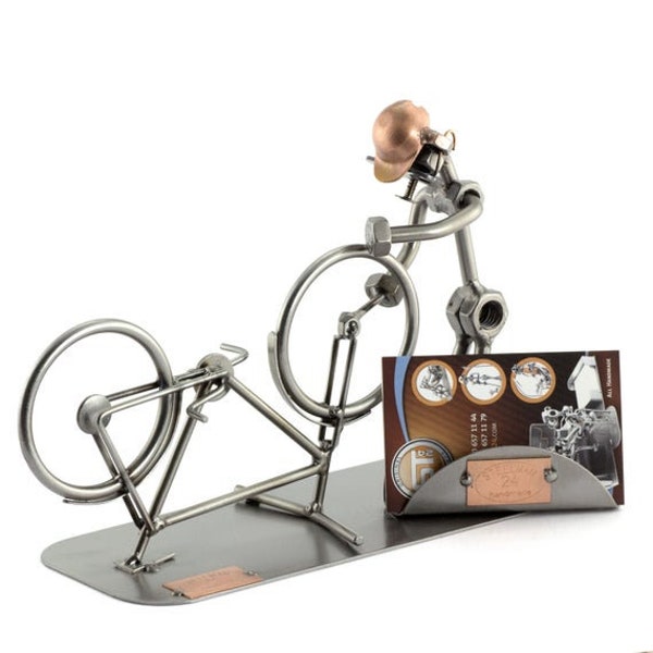 Nuts and bolts sculpture "Bicycle Mechanic With Business Card Holder" - Handmade ornament figurine