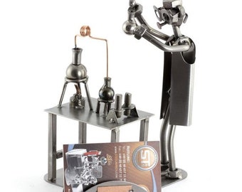 Nuts and bolts sculpture "Chemist With Business Card Holder" - Handmade ornament figurine