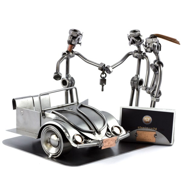 Nuts and bolts sculpture "Automobile Salesperson With Business Card Holder" - Handmade ornament figurine