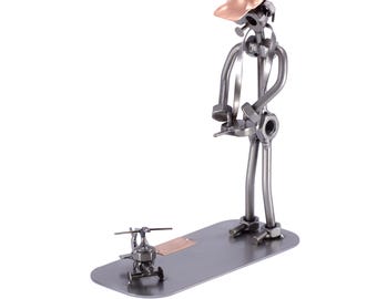 Nuts and bolts sculpture "Model Builder With Helicopter" - Handmade ornament figurine