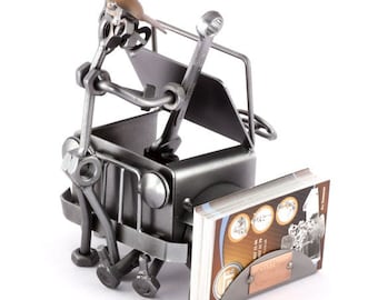 Nuts and bolts sculpture "Mechanic With Business Card Holder" - Handmade ornament figurine