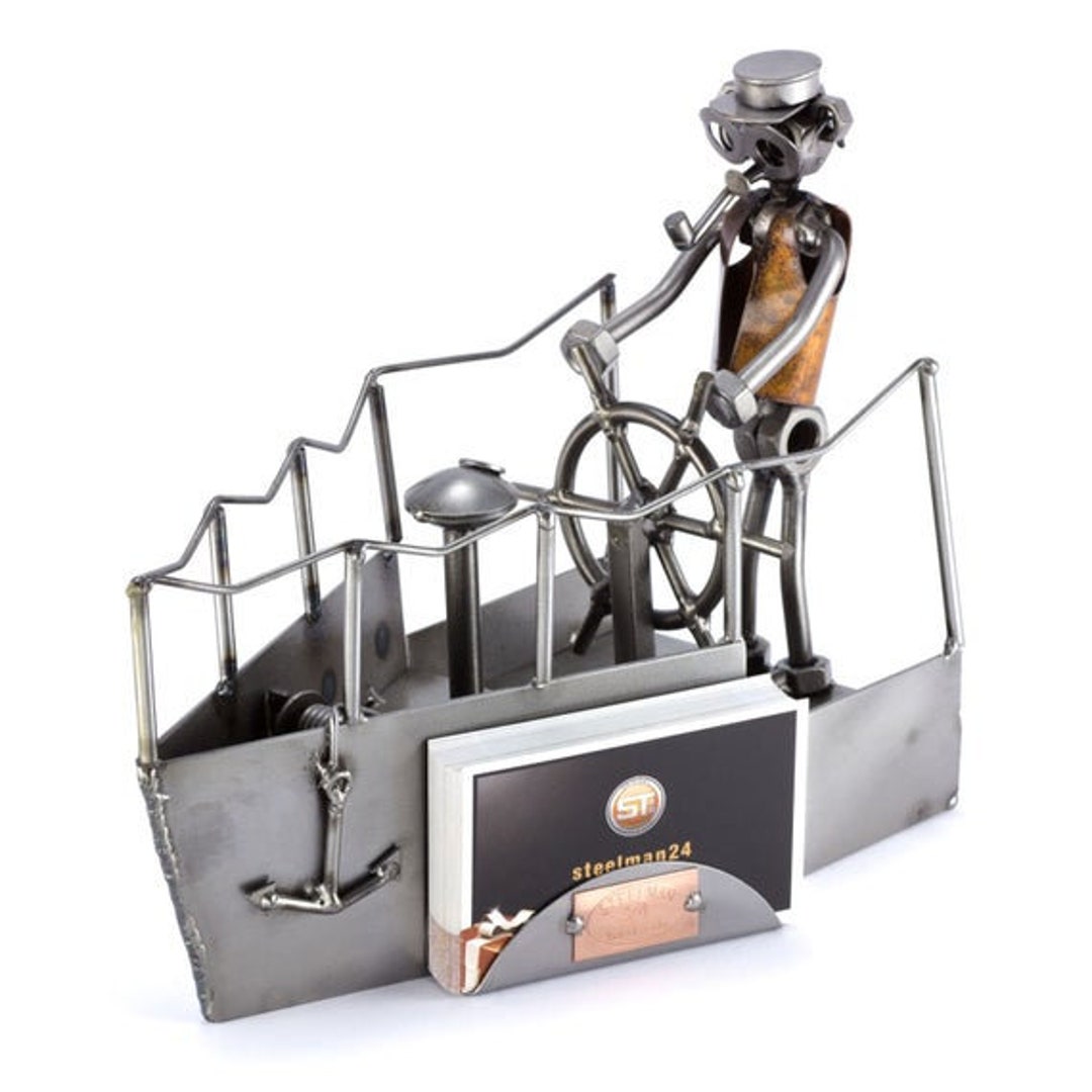 Nuts and Bolts Sculpture captain With Boat With Business Card Holder