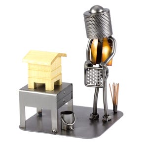 Nuts and bolts sculpture &quot;Beekeeper With Wooden Hive&quot; - Handmade ornament figurine