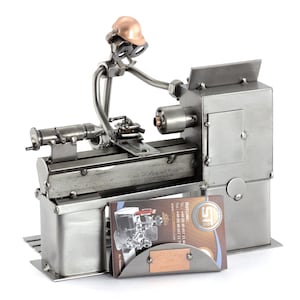 Nuts and bolts sculpture "Lathe Operator With Business Card Holder" - Handmade ornament figurine
