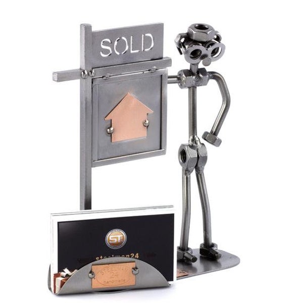 Nuts and bolts sculpture "Real Estate Agent With Business Card Holder" - Handmade ornament figurine