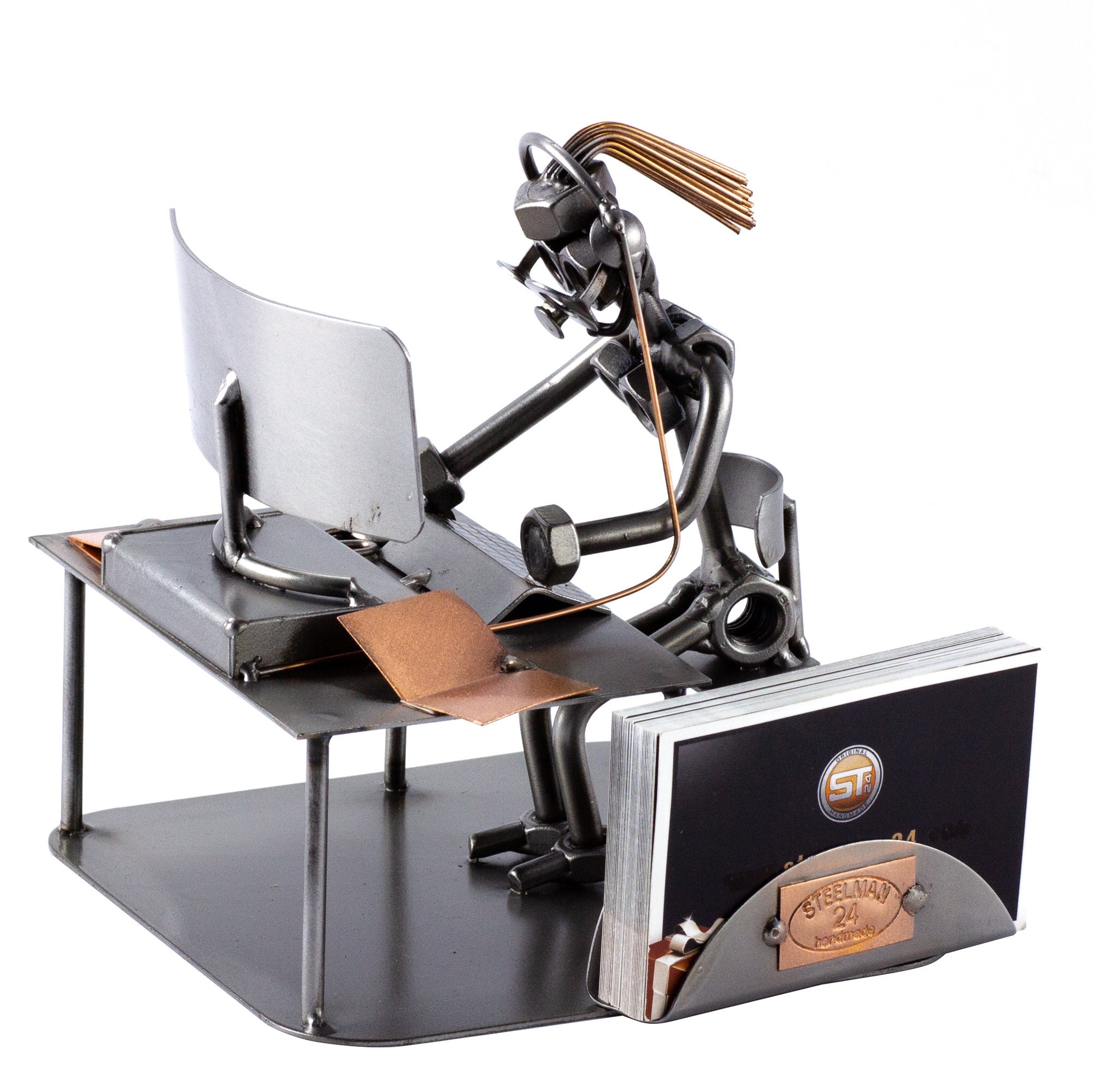 Nuts and bolts sculpture "Call center female agent with business card holder" - Handmade ornament figurine