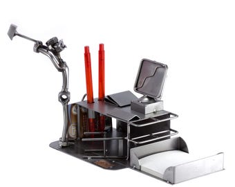 Nuts and bolts sculpture "Pc-Crash Desk Organizer Office Tidy" - Handmade ornament figurine