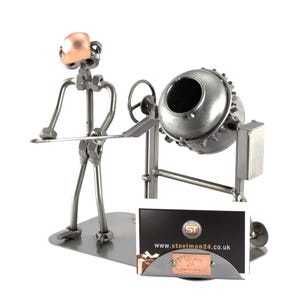 Nuts and bolts sculpture "Builder With Business Card Holder" - Handmade ornament figurine