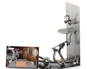 Nuts and bolts sculpture "Plumber With Business Card Holder" - Handmade ornament figurine