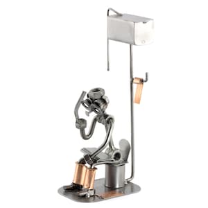 Nuts and bolts sculpture &quot;Loo Man With Mobile&quot; - Handmade ornament figurine