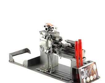 Nuts and bolts sculpture "Lathe Operator Desk Organizer" - Handmade ornament figurine