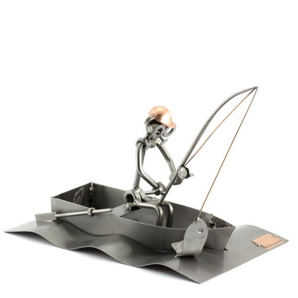 Nuts and bolts sculpture "Fisherman With Boat" - Handmade ornament figurine