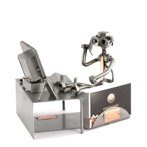 Nuts and bolts sculpture "Office Break With Business Card Holder" - Handmade ornament figurine