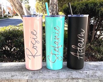 Personalized skinny tumbler with straw, college bottle, custom tumbler, gifts for her, gifts for him, insulated tumbler name laser engraved