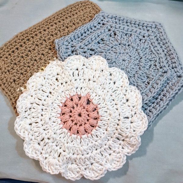 Trio of washcloths, digital crochet, crochet pattern, digital download cotton washcloths,