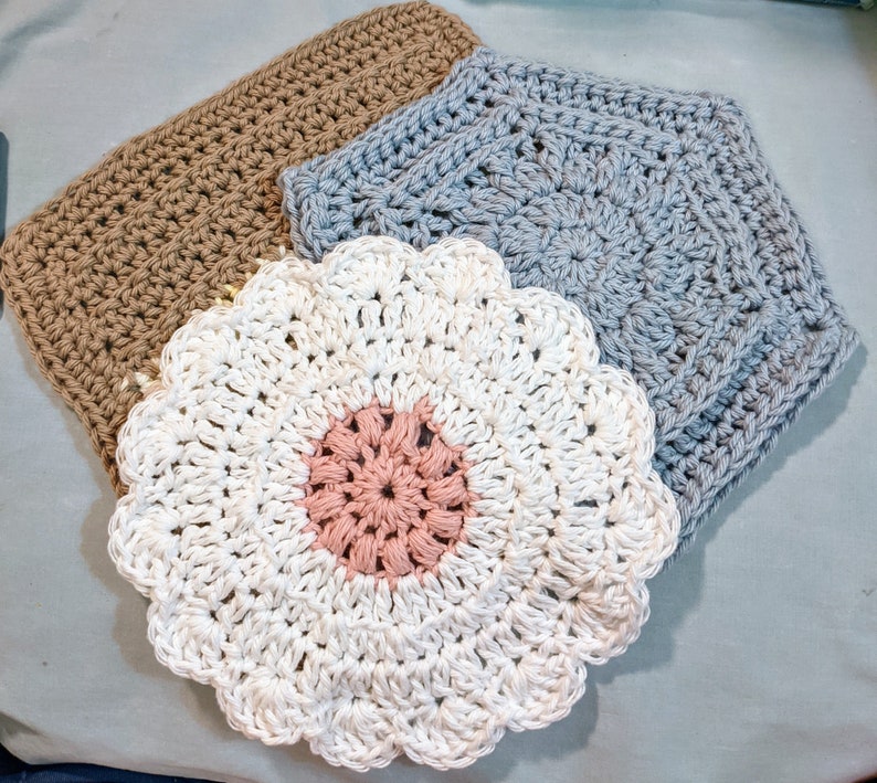 Trio of washcloths, digital crochet, crochet pattern, digital download cotton washcloths, image 1