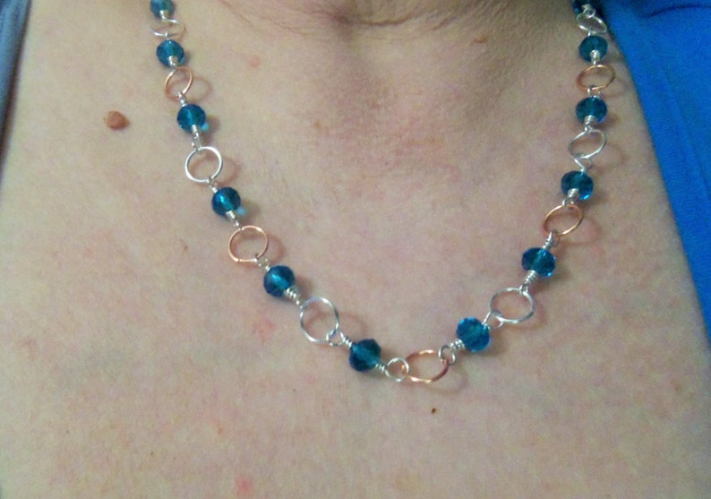 Silver and Copper and Crystal Necklace bracelet and earring set