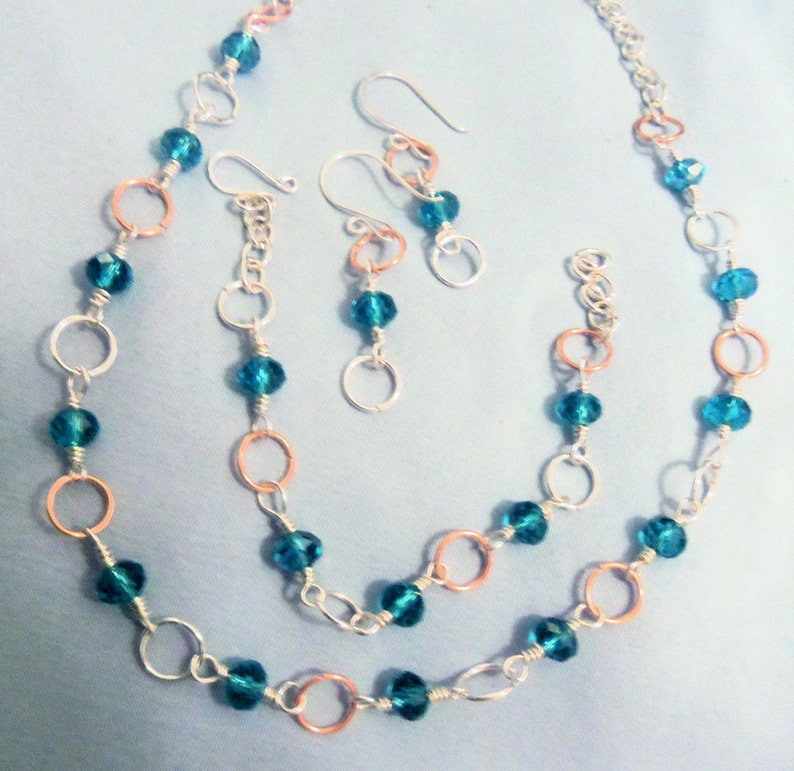 Silver and Copper and Crystal Necklace bracelet and earring set