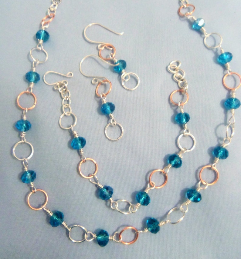 Silver and Copper and Crystal Necklace bracelet and earring set