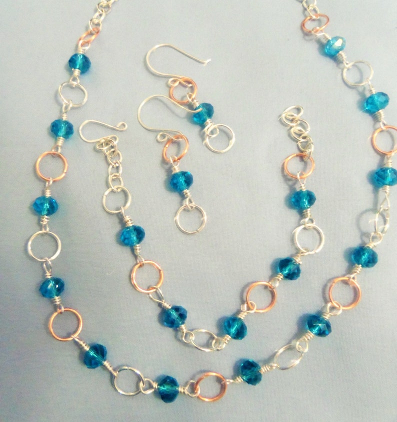 Silver and Copper and Crystal Necklace bracelet and earring set