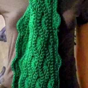 May include: A green crocheted scarf with a wavy pattern. The scarf is worn by a person with short brown hair.