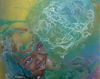 Celestial Child Painting: Abstract Acrylic & Oil Portrait (40x30)