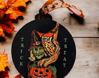 Double Sided Wooden Halloween Ornament,halloween decor,Happy Halloween,witch,pumpkin,owl,Halloween,trick or treat,spooky,Evangelina D’Art