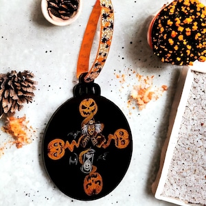 Double Sided Halloween Tree Ornament, halloween decor, vintage hallowen decoration, halloween gift, spooky, witch, owl, Evangelina D’Art