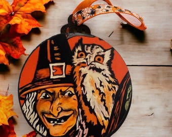 Double Sided Wooden Halloween Ornament: Witch & Owl Decor