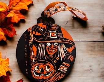 Halloween Ornament Double Sided Wooden Witch Pumpkin Decor