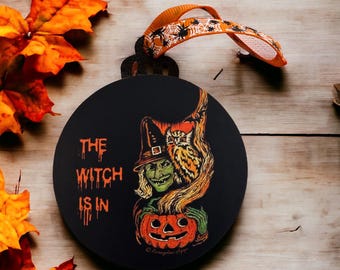 Double Sided Halloween Ornament, Witch, Owl, and Pumpkin Decor