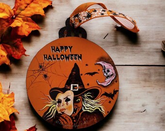 Double Sided Wooden Halloween Ornament,halloween decor,Happy Halloween,witch,pumpkin,owl,Halloween,trick or treat,spooky,Evangelina D’Art