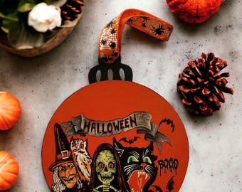 Double Sided Wooden Halloween Ornament: Witch, Owl & Pumpkin Decor