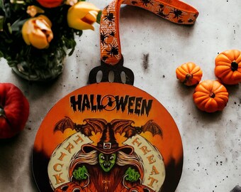 Double Sided Wooden Halloween Ornament, Witch and Pumpkin Decoration