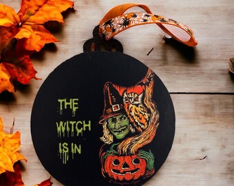 Double Sided Wooden Halloween Ornament, Witch and Pumpkin Decor