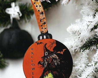 Double Sided Wooden Halloween Ornament, Witch & Skull Decor