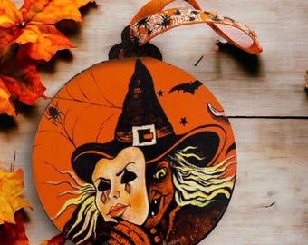 Double Sided Wooden Halloween Ornament,halloween decor,Happy Halloween,witch,pumpkin,owl,Halloween,trick or treat,spooky,Evangelina D’Art
