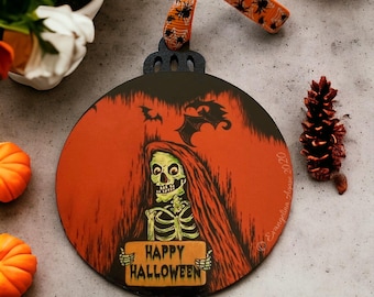 Halloween Ornament Double Sided Wooden Spooky Witch & Pumpkin Decor