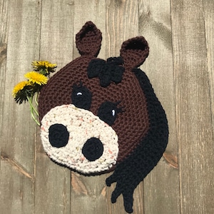 May include: A brown crocheted horse head with black yarn for the mane and ears. The horse has white yarn for the muzzle with black yarn for the eyes and nostrils.